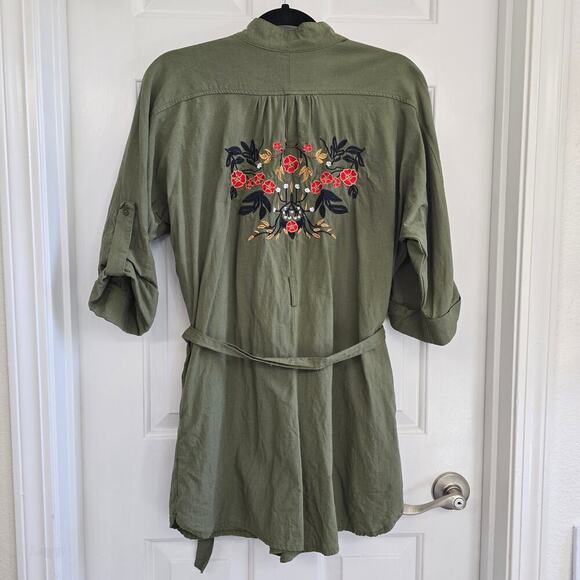Embroidered Floral Army Green Cargo Romper Short Roll Sleeves Tie Waist Button - Picture 2 of 10